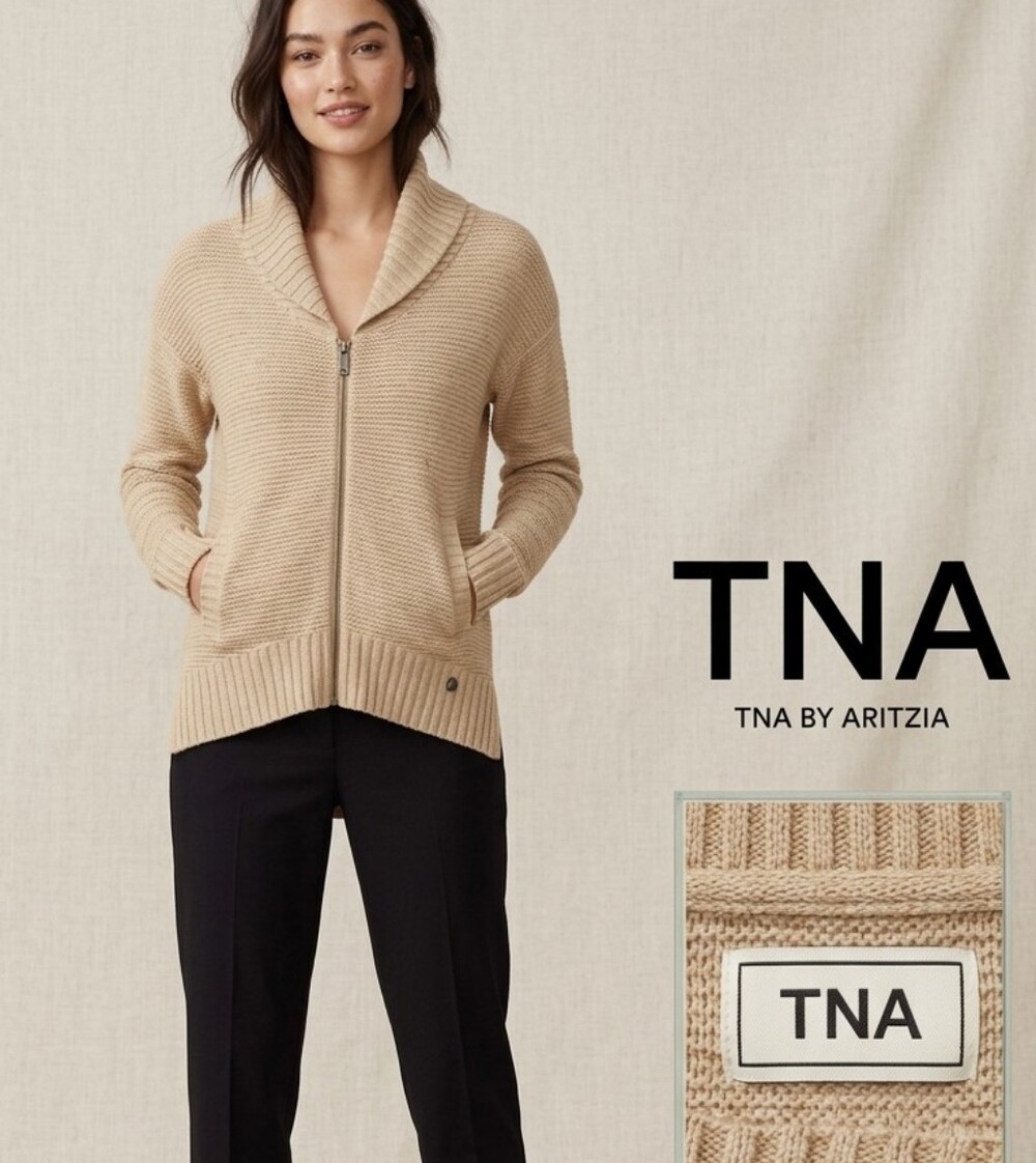 Aritzia TNA Cream Zip Shawl-Collar Cardigan